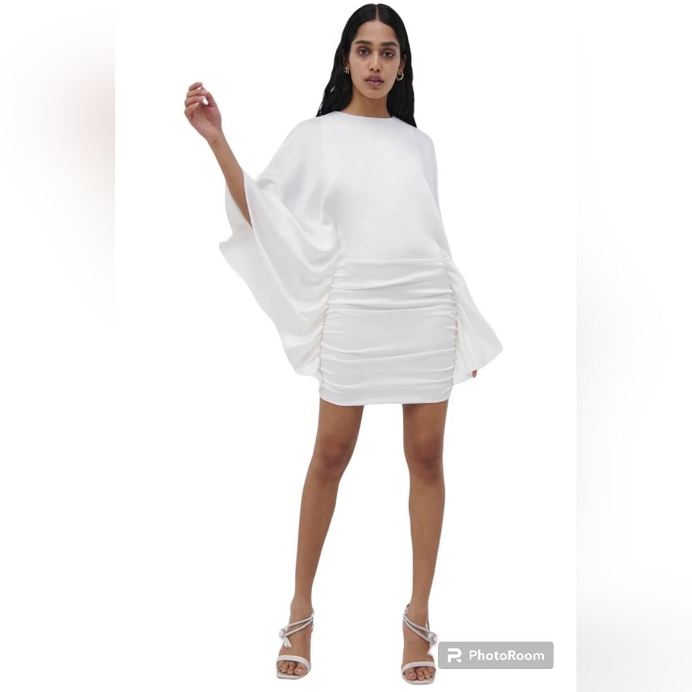 NWT Jonathan Simkhai Size 8 Kadence White Satin Draped Sleeves Ruched Mini Dress